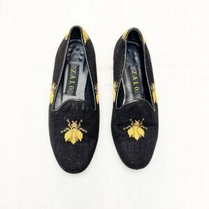 Zalo Bee Tapestry Woven Smoking Loafer Flat Black Yellow Round Toe Size 6.5